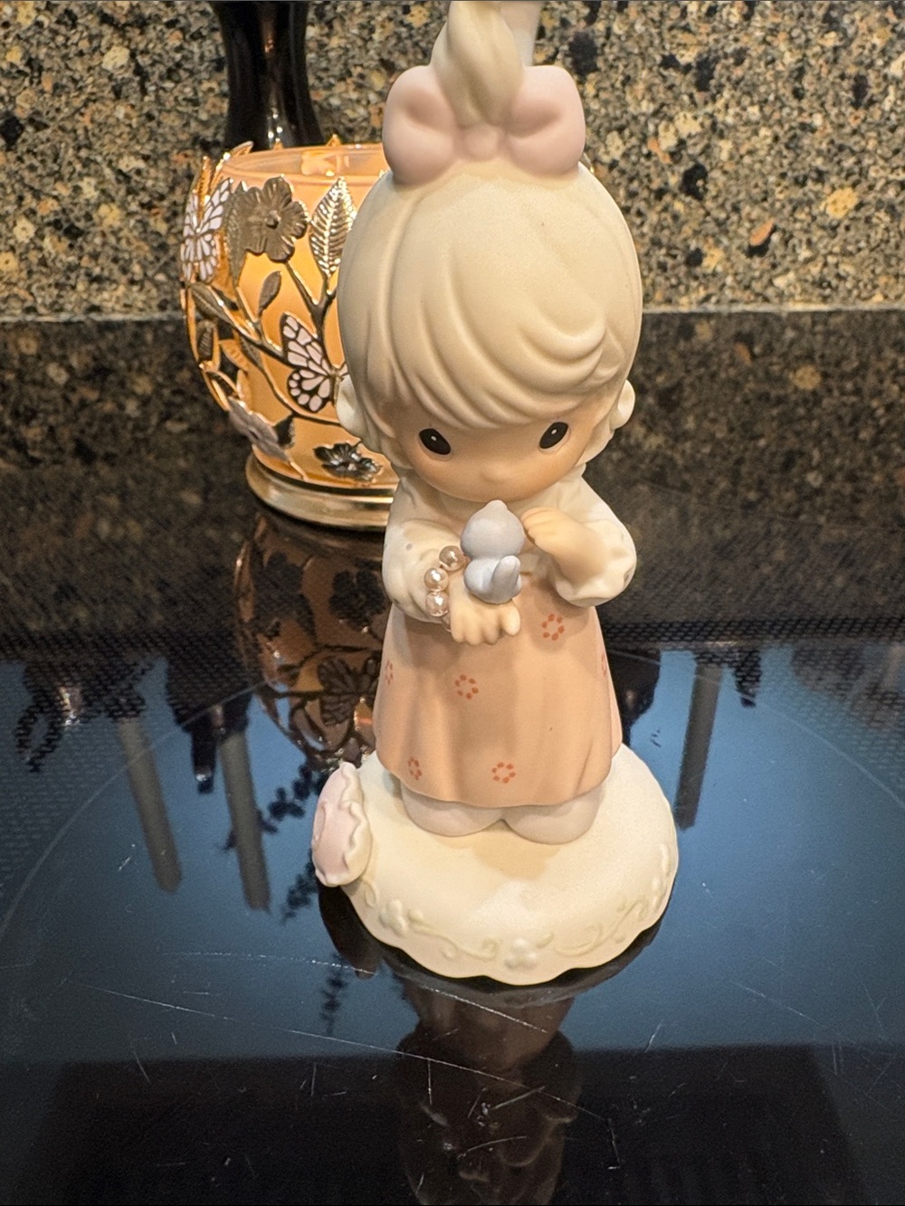 Precious Moments Girl Figurine in Soft Pink Dress with Cream Base